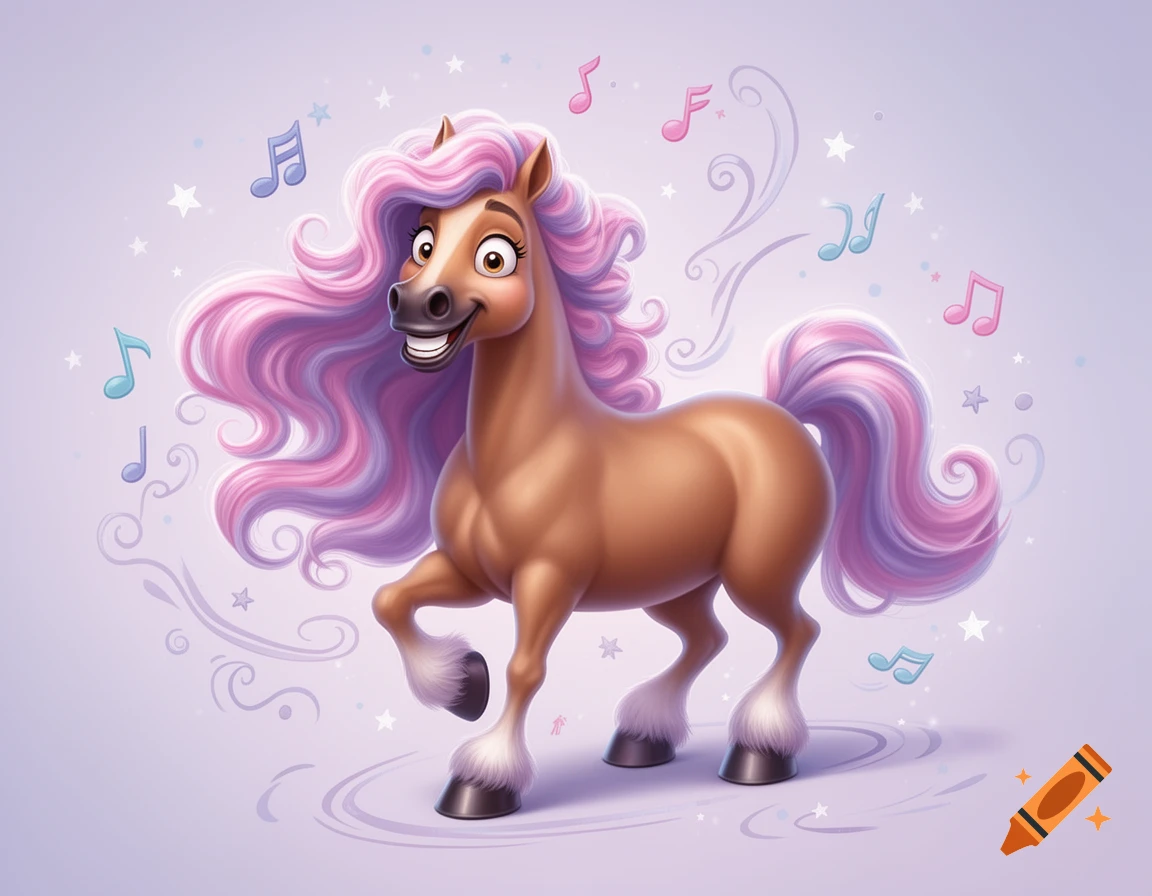A silly, curvy cartoon horse with a flowing pink and purple mane and tail smiles brightly, surrounded by musical notes and stars on a light purple background.