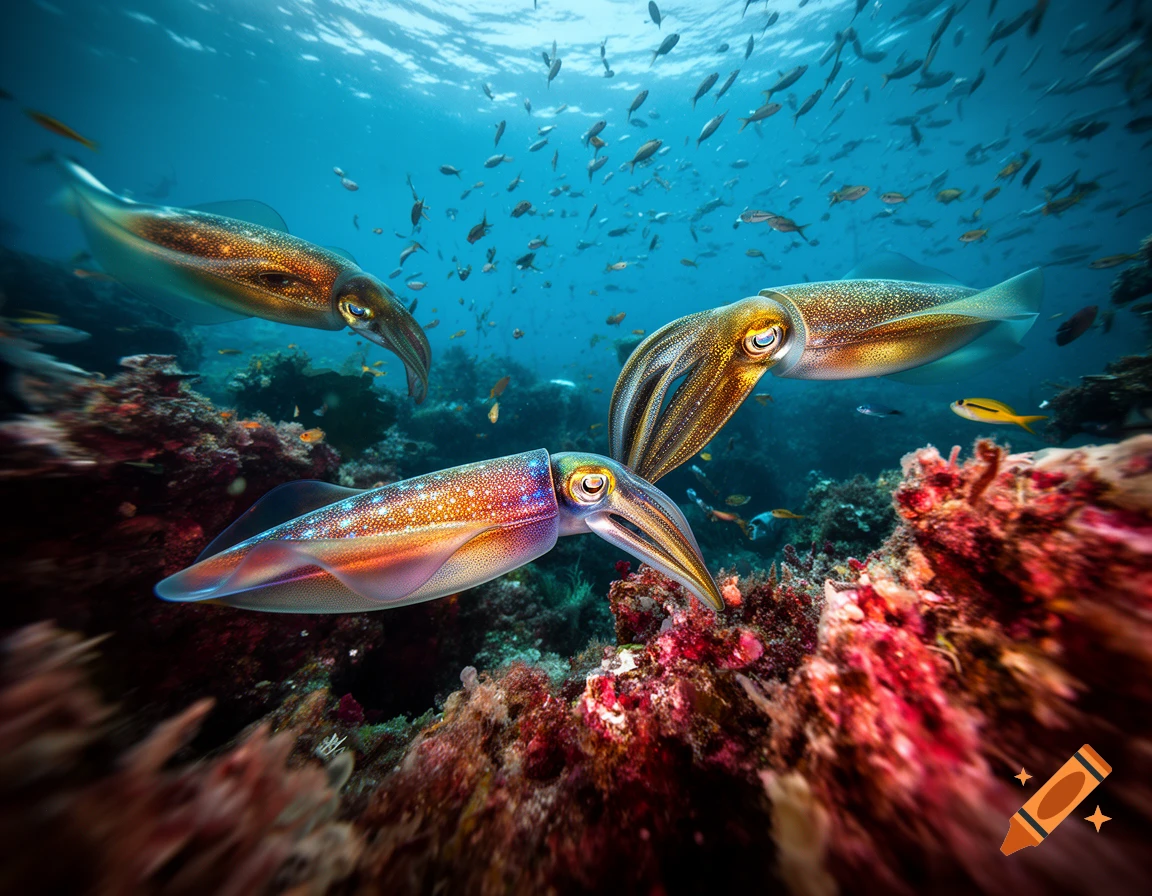 Photorealistic image of three iridescent squids swimming among colorful coral reefs and small fish in clear blue ocean water.