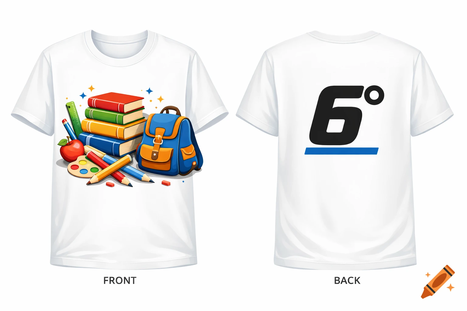 Front and back view of a white t-shirt with a colorful school supplies illustration on the front and a black '6 ' logo on the back.