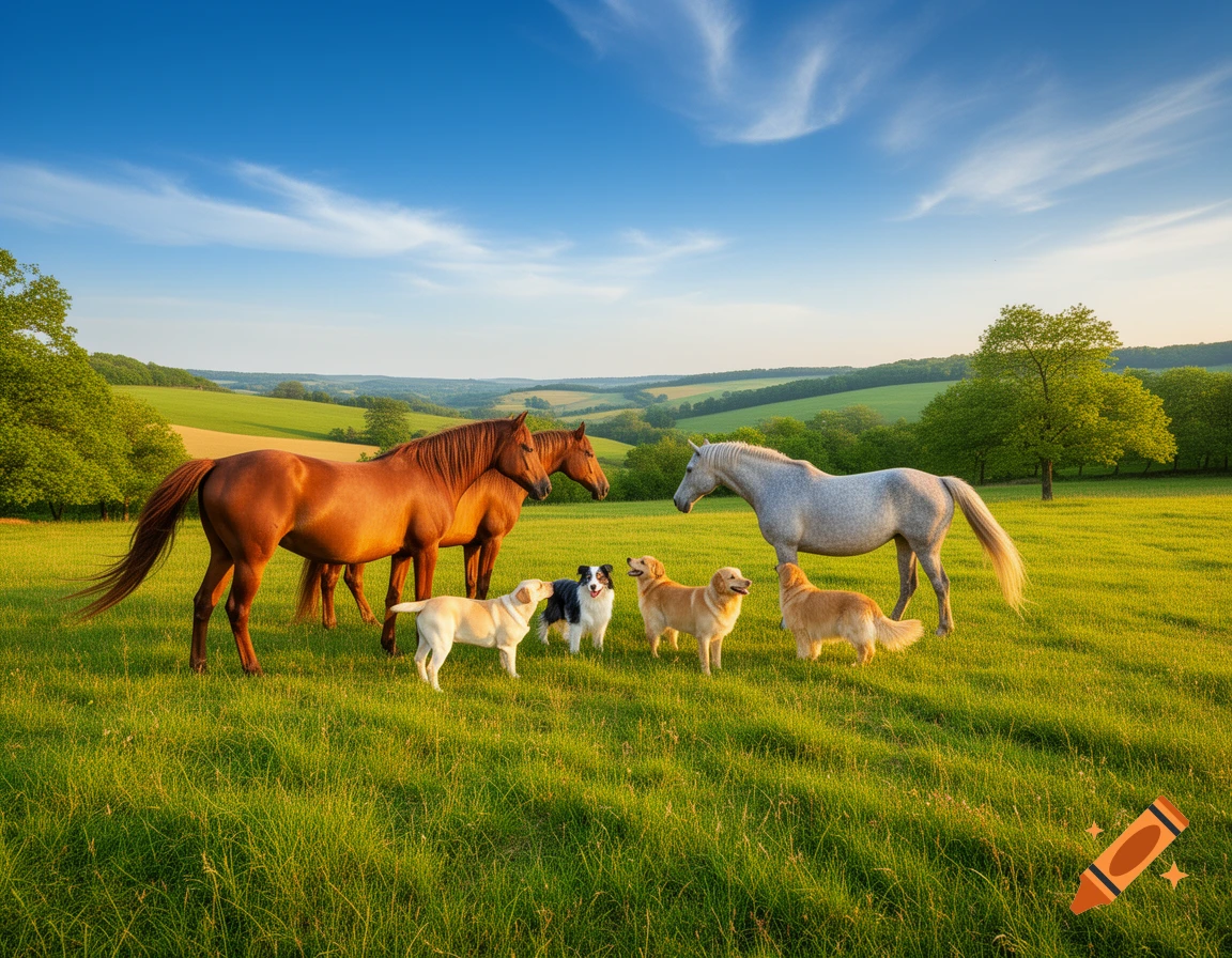 Photorealistic horses and dogs standing together in a sunny green meadow with rolling hills.