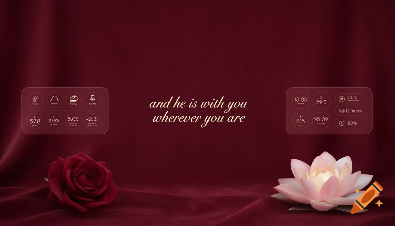 A dark red velvet background with a quote "and he is with you wherever you are" in the center. A red rose is on the left, a pink lotus on the right, and two glowing UI widgets with text are positioned above the flowers.