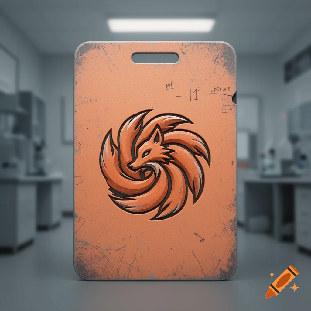 An orange, weathered SCP Foundation keycard featuring a nine-tailed fox logo and "MF -11° EPSILO-II" text, set in a blurred lab background.