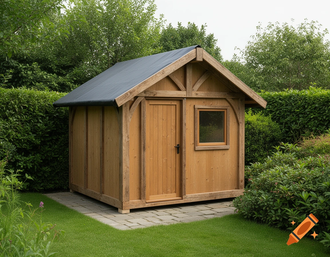 A small, light brown wooden shed with a dark roof, a door, and a window, situated on paving stones in a lush green garden.