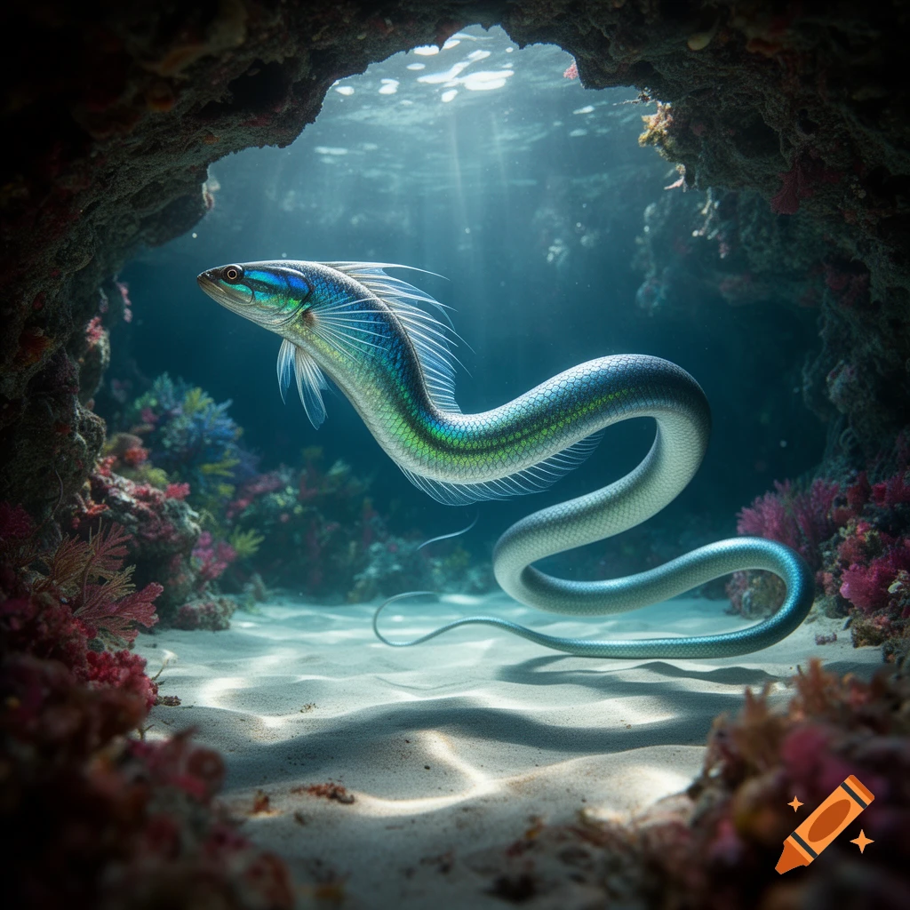A vibrant, serpentine fish with a fish head and a long, scaly snake body swims through a sunlit underwater cave surrounded by colorful coral.