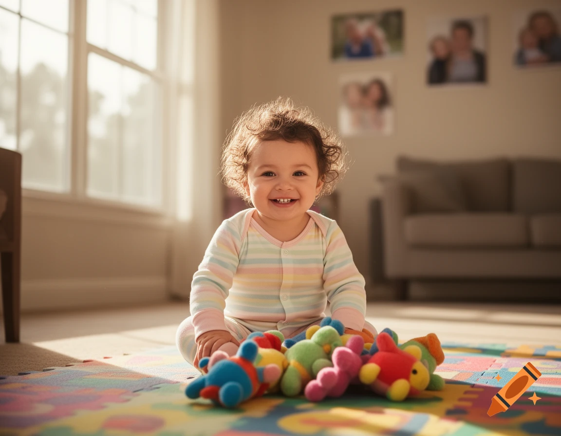 A smiling baby with curly hair sits on a colorful playmat surrounded by soft toys in a sunlit room.