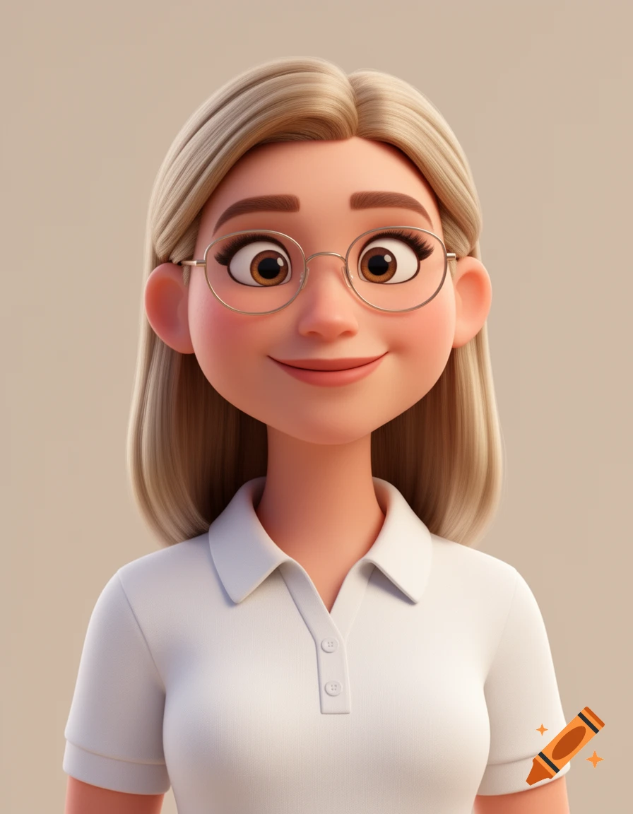 A smiling 3D cartoon woman with blonde hair and round glasses, wearing a white polo shirt, against a soft beige background.