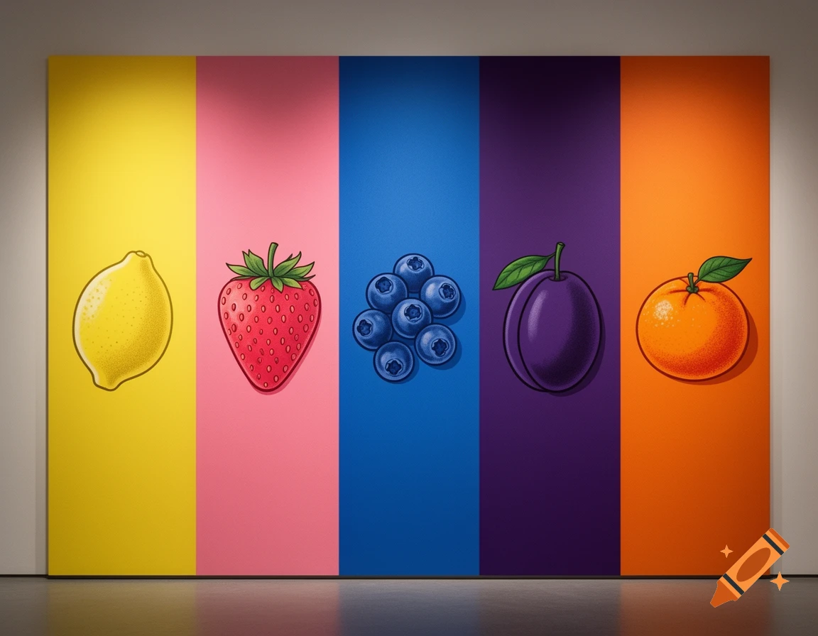 Five colorful vertical panels, each with a single, simply drawn fruit: a lemon, a strawberry, blueberries, a plum, and an orange.