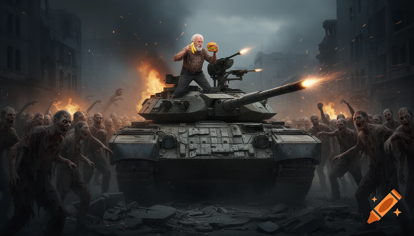 An old man stands on a tank, holding a banana and burger, shooting at a horde of zombies in a ruined city. Photorealistic digital art.