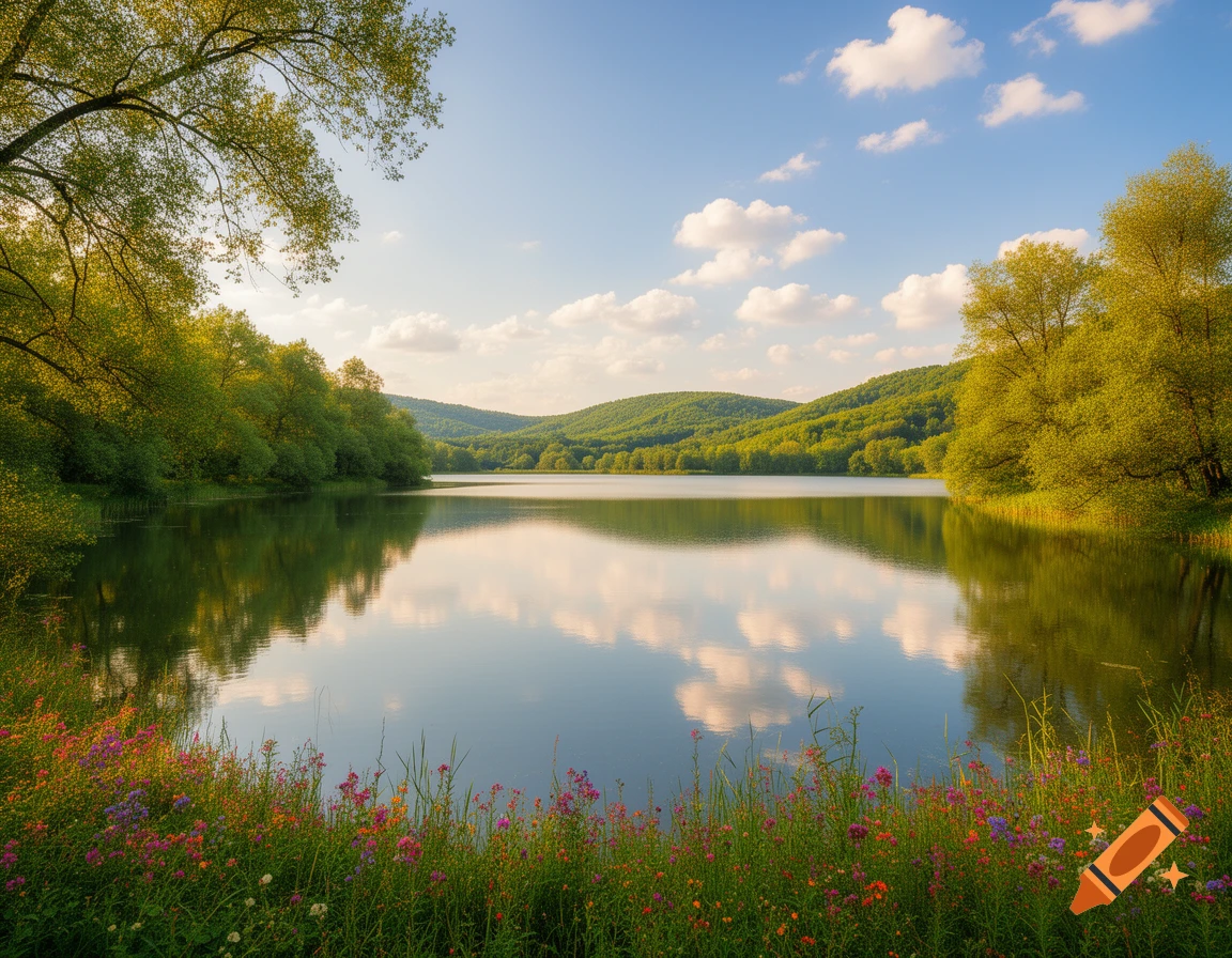 A tranquil lake reflecting a blue sky with white clouds, surrounded by lush green hills and trees, with a foreground of colorful wildflowers. Photorealistic.