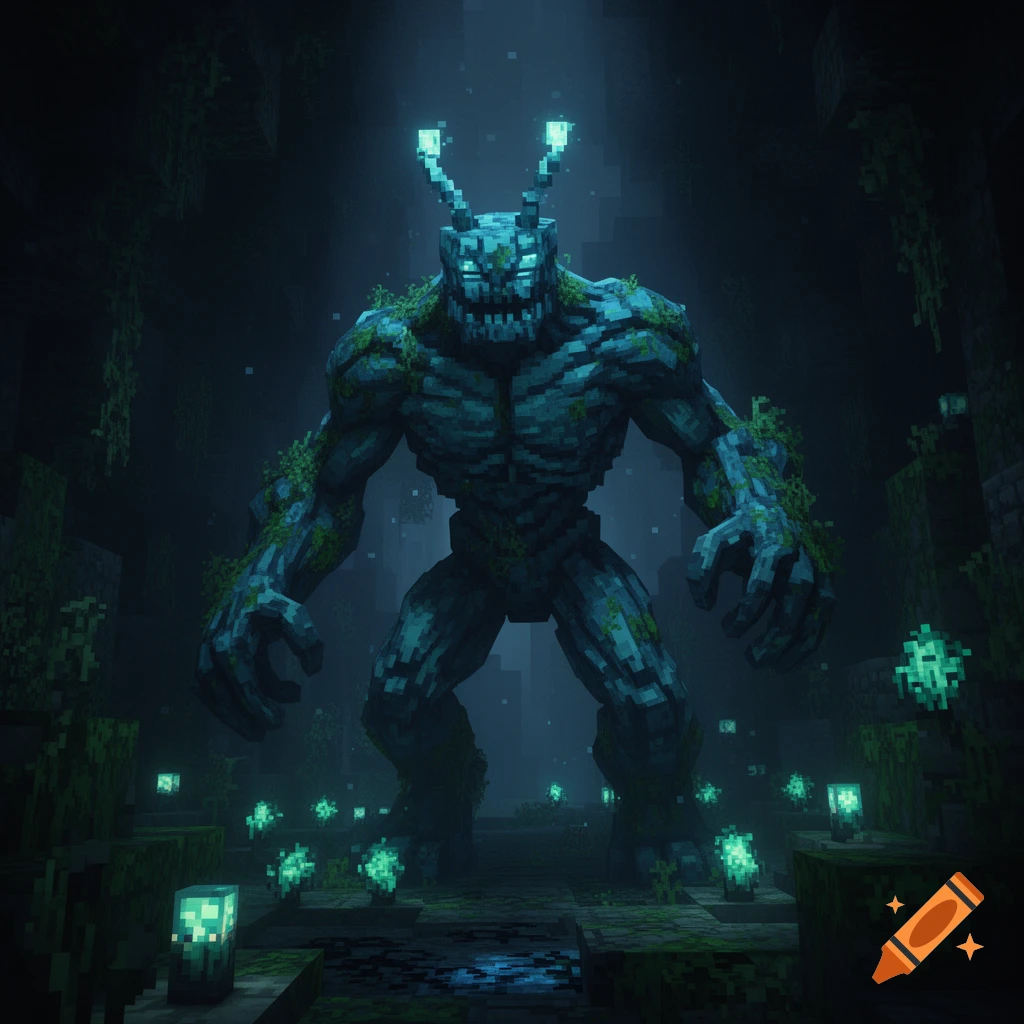 A pixelated, blocky moss-covered monster with glowing blue horns and eyes stands in a dark cave with glowing plants, in the style of Minecraft.