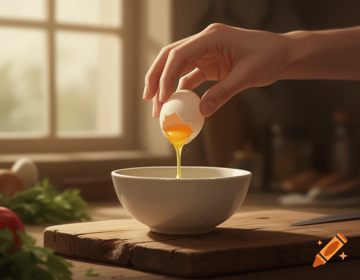 A hand cracking a raw egg, with the yolk and white dripping into a white bowl on a wooden cutting board in a sunlit kitchen.