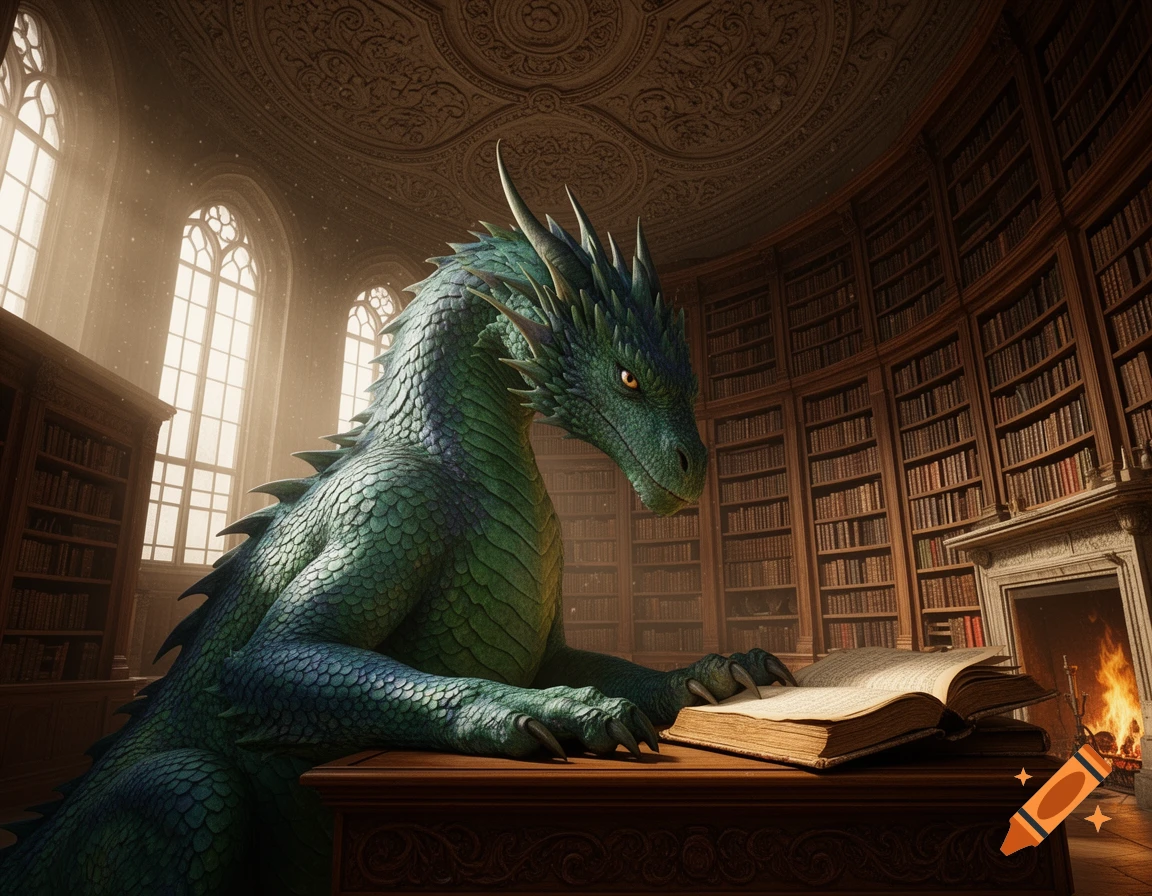A large, green-blue dragon sits at a wooden table, looking at an open book in a grand, ornate library with tall arched windows and a fireplace.