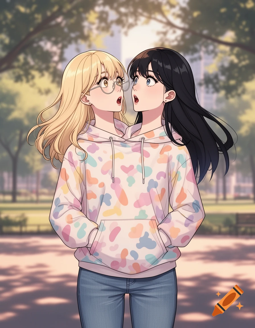 Two anime women conjoined at the torso, one blonde with glasses, one black-haired, both looking surprised in a park.