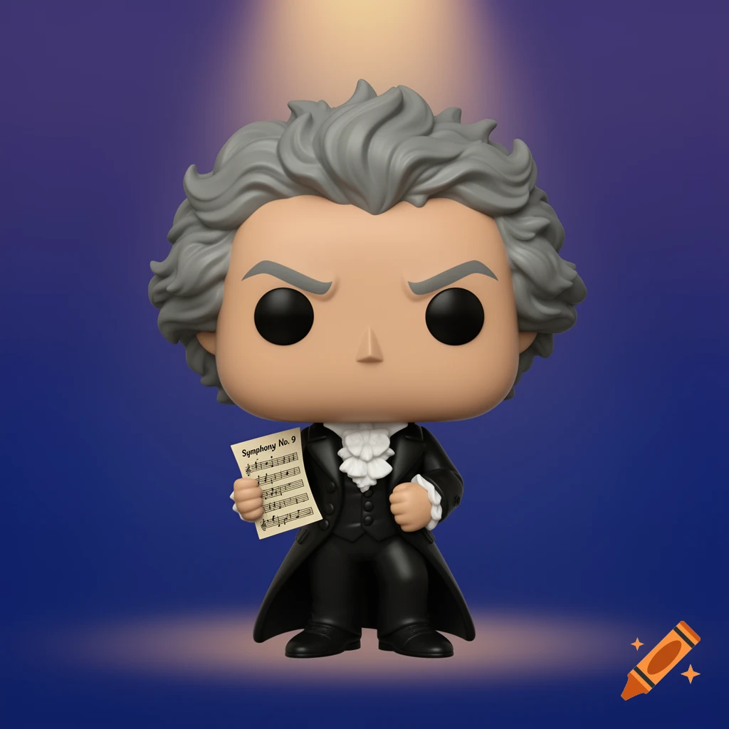 Funko Pop figure of Beethoven in a black suit holding sheet music, under a spotlight.