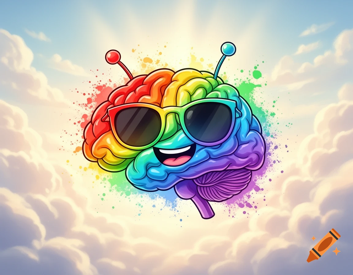 A colorful, cartoon brain with sunglasses and antennas floats among clouds, rendered in a cheerful, child-friendly illustration style.