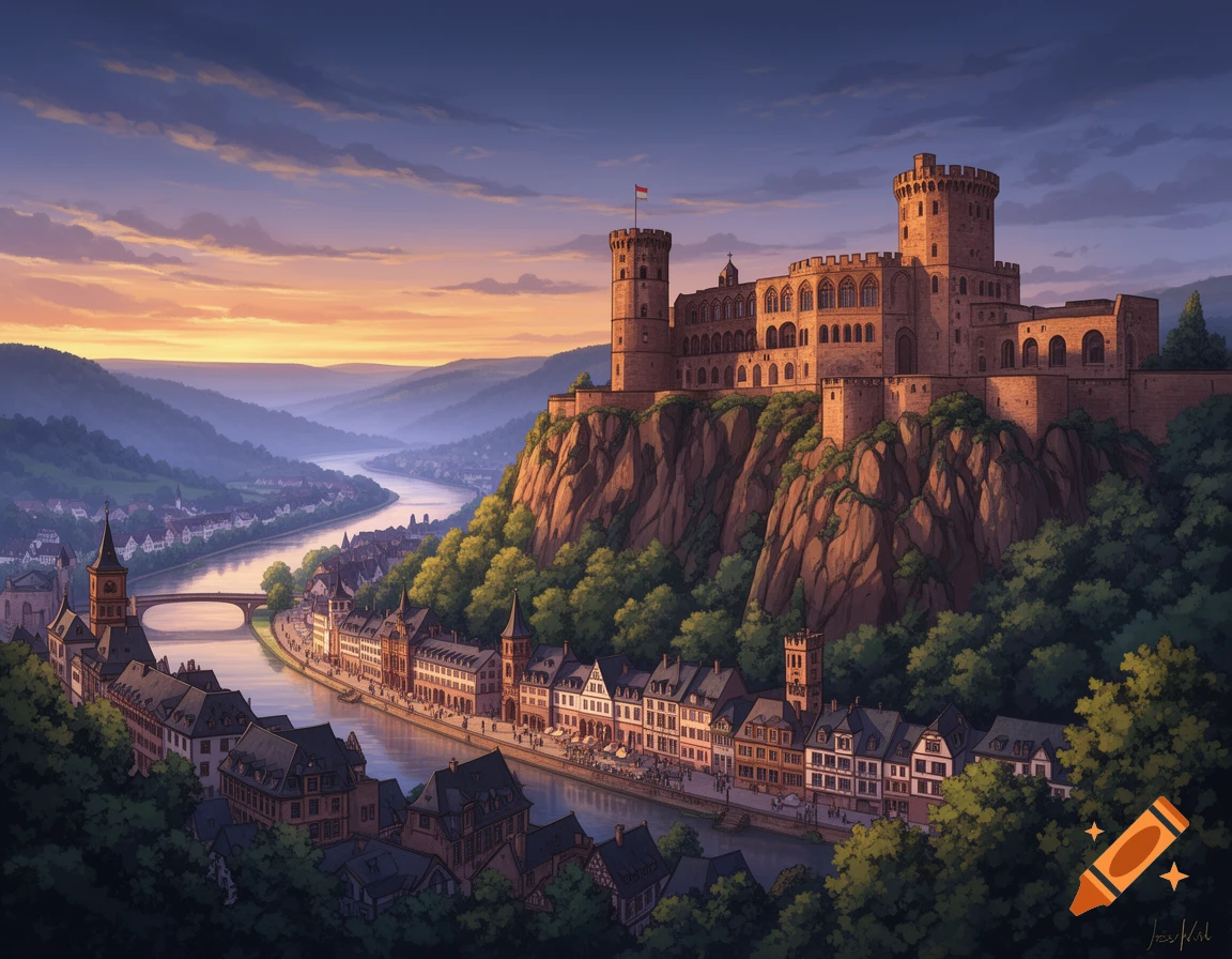 An illustrated panoramic view of a grand castle on a cliff overlooking ...