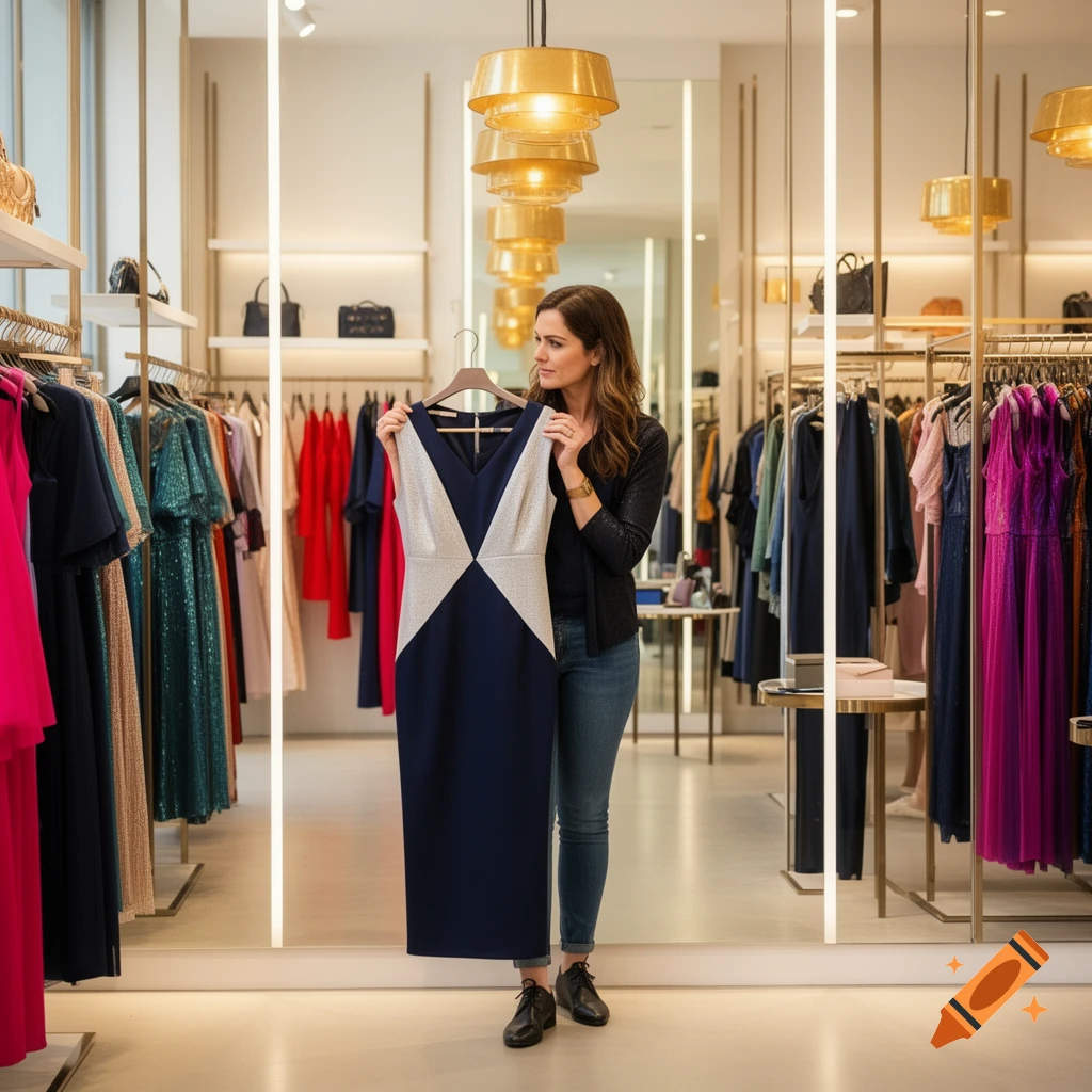 A woman in a boutique shop holding up a dark blue and silver dress.