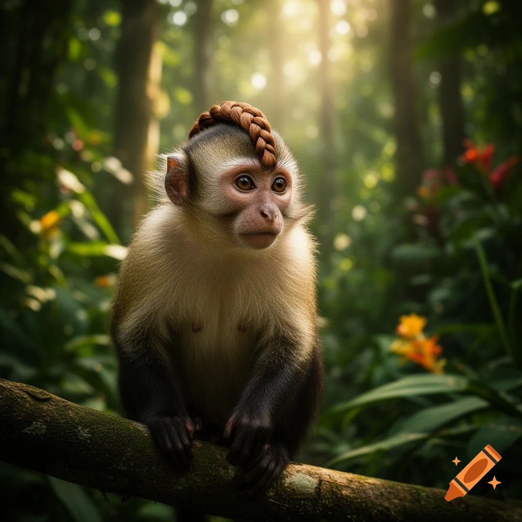 A small monkey with a prominent braided crest on its head sits on a tree branch in a lush, sunlit jungle.