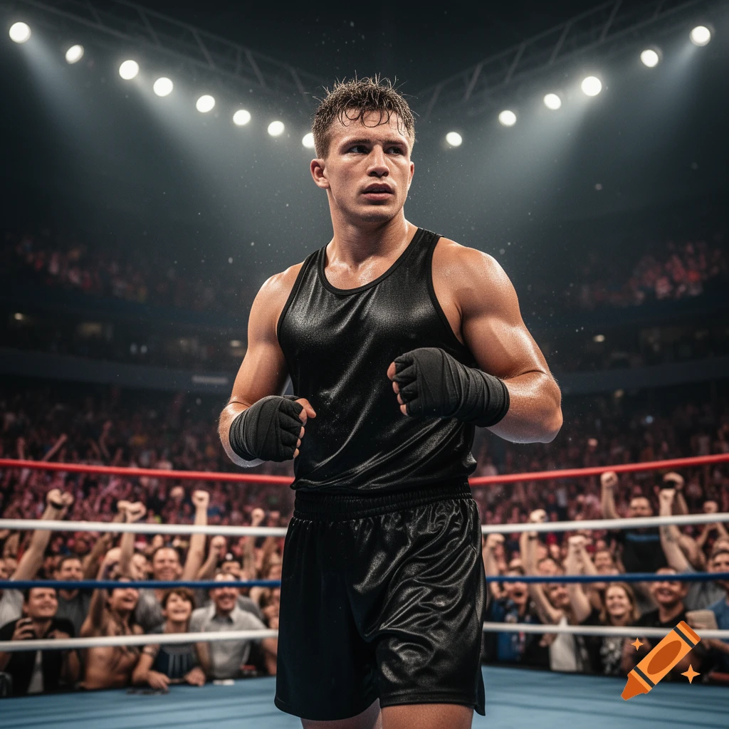 A male boxer in black stands ready in a brightly lit ring, with a blurred, cheering crowd behind him. Photorealistic style.