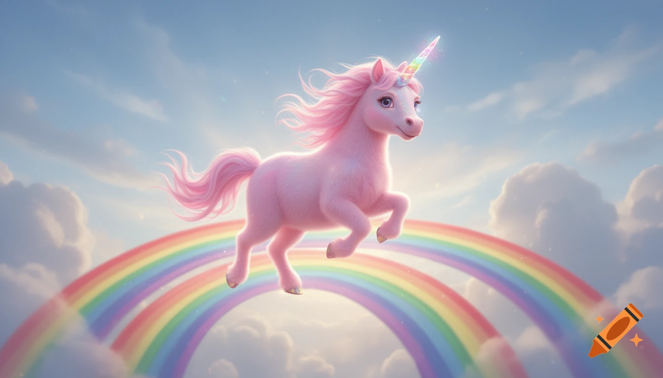 A pink fluffy unicorn with a rainbow horn prances across a vibrant rainbow in a bright, cloudy sky.
