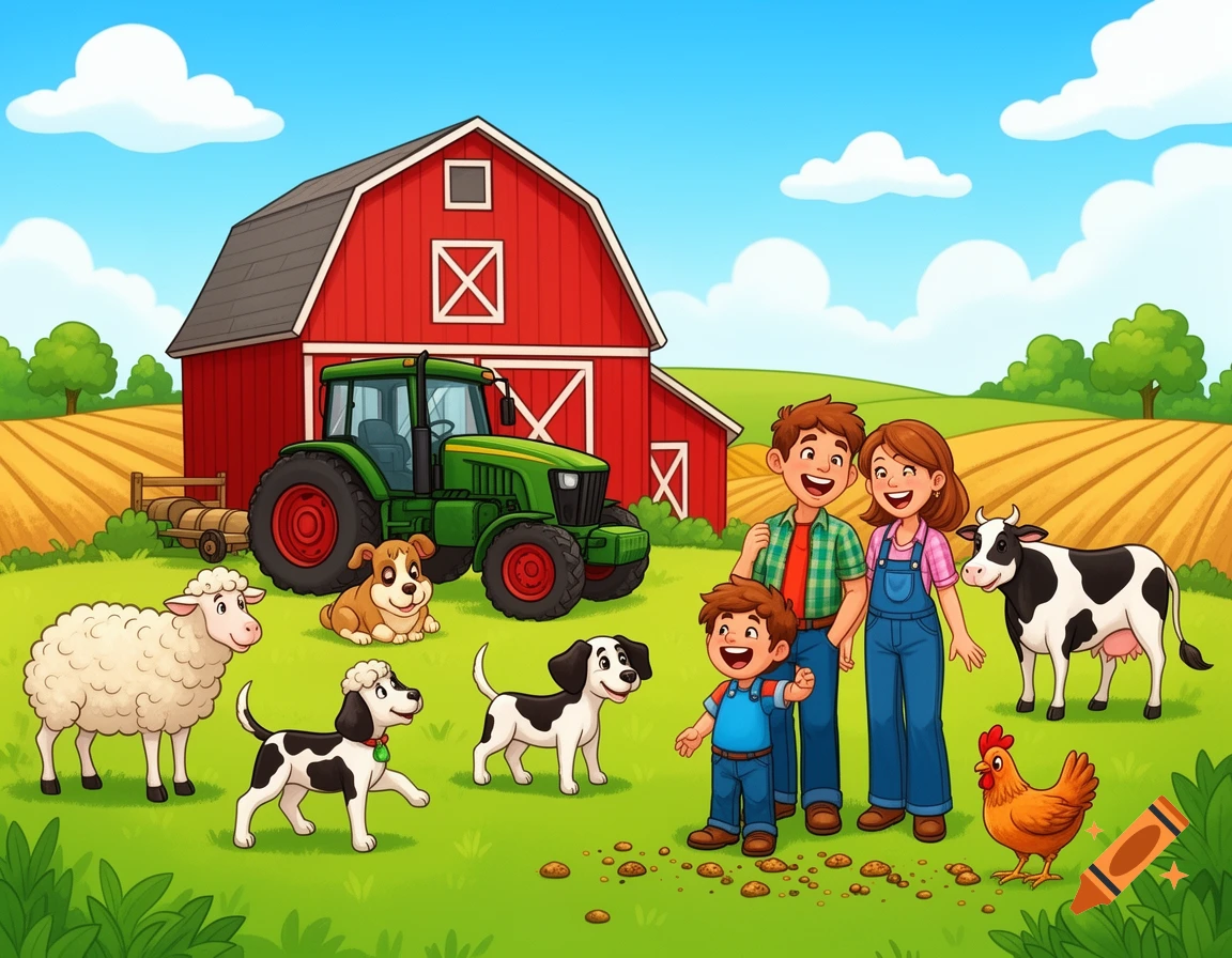 A vibrant cartoon farm scene featuring a family, a green tractor, a red barn, a cow, a sheep, three dogs, and a chicken.