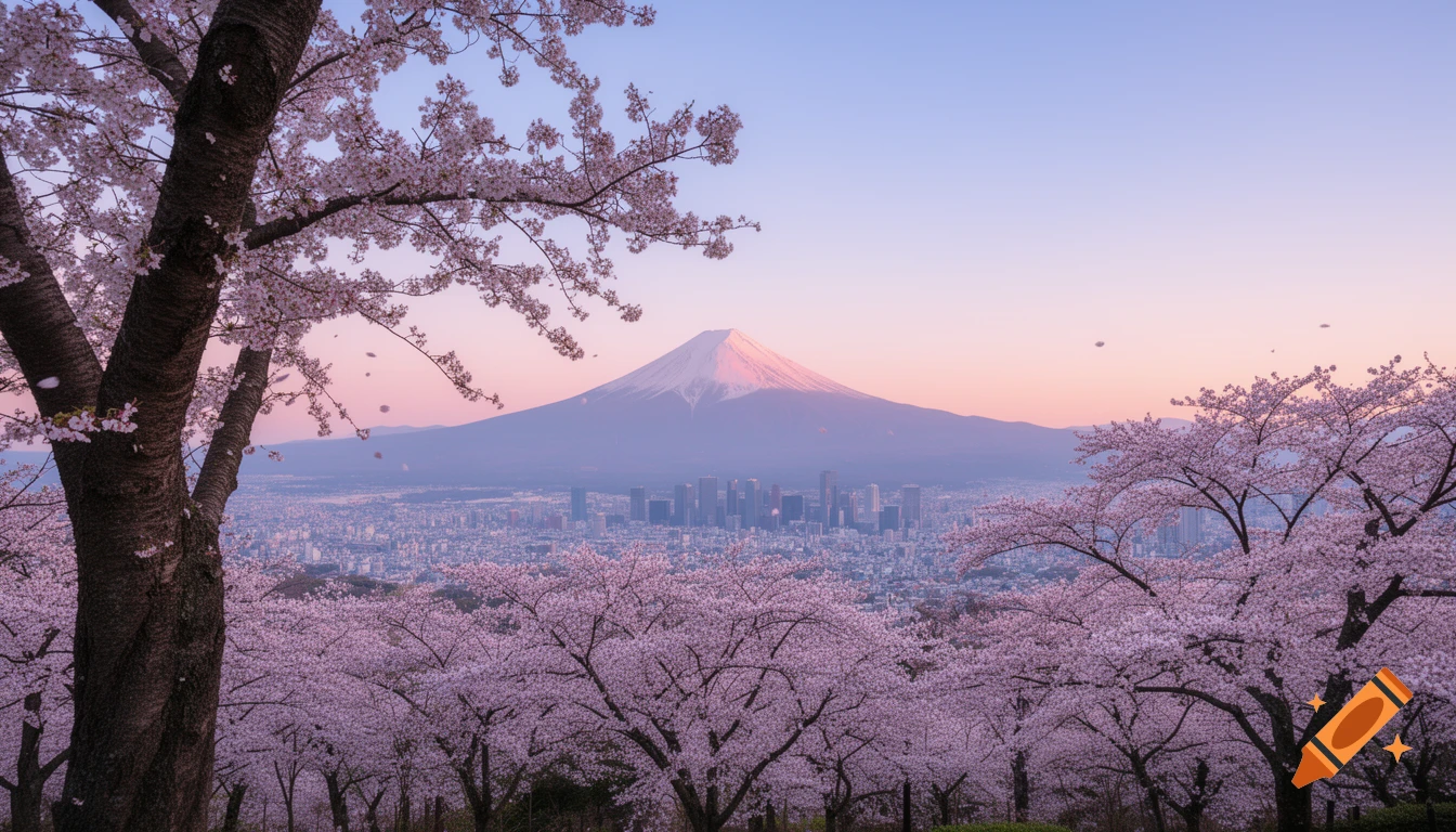 Photorealistic view of Mount Fuji, Tokyo skyline, and cherry blossom trees at dawn, with pink and blue sky.