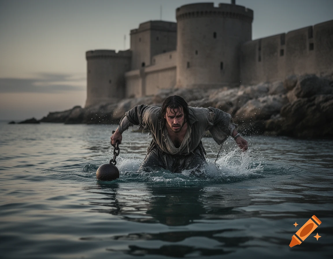 A man in rags wades through water, pulling a heavy ball and chain, with a medieval castle on a rocky coast at dusk.