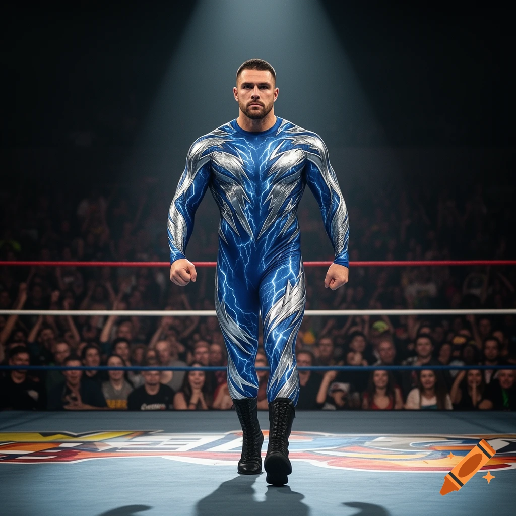 A muscular male wrestler in a blue and silver lightning-patterned bodysuit walks confidently in a spotlighted wrestling ring.