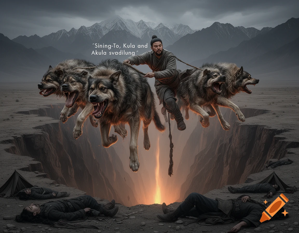 A man and three large wolves leap over a fiery abyss in a desolate, mountainous landscape, with dead bodies on the ground and text "Sining-To, Kula and Akula svadilung" floating above.