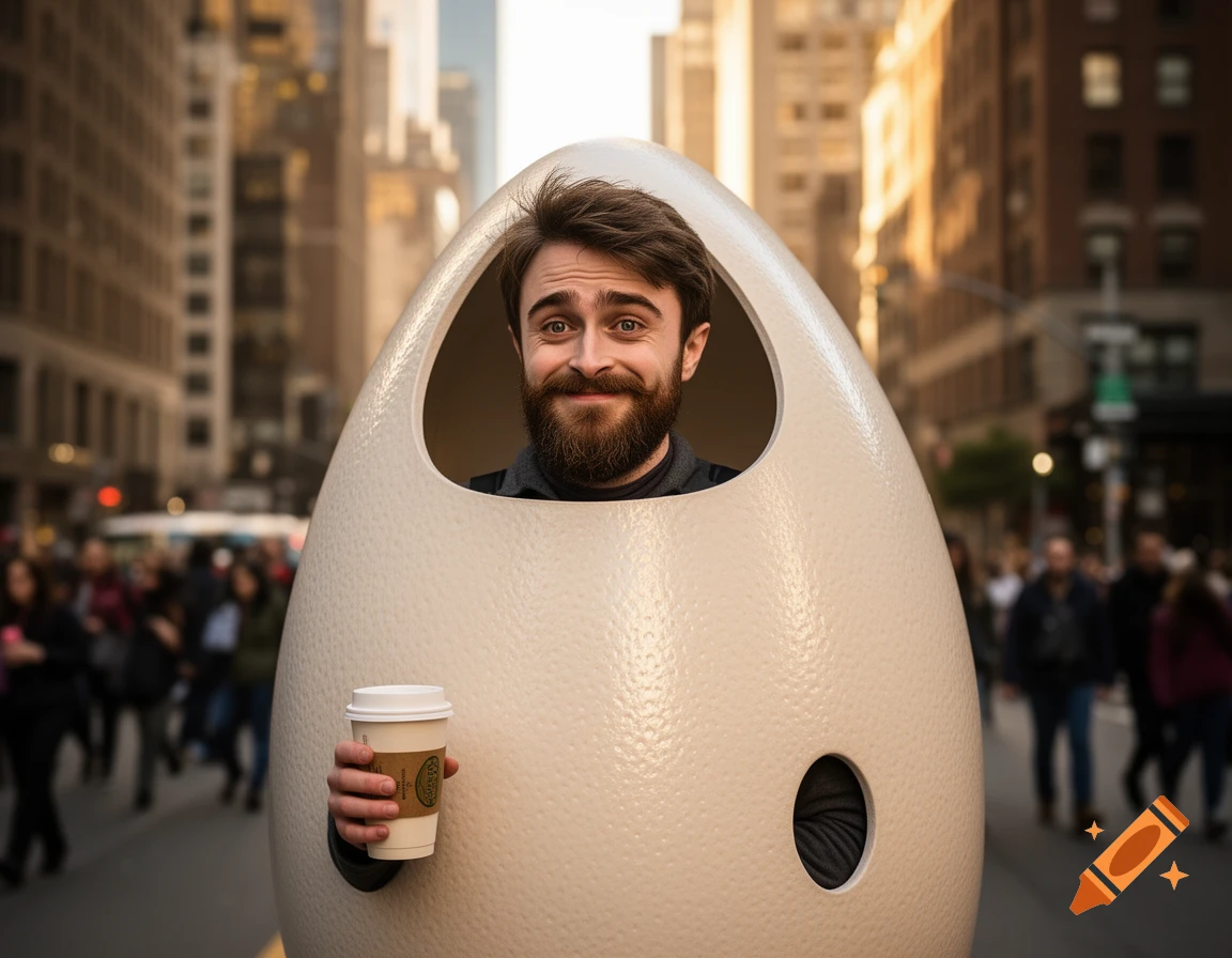 A man resembling Daniel Radcliffe, with a bushy beard, wearing an egg costume and holding a coffee cup on a busy city street.