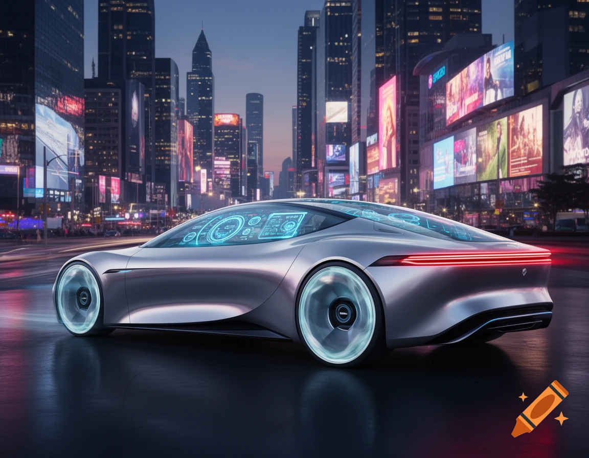 A sleek, silver futuristic car with glowing wheels and holographic displays drives on a wet city street at night, surrounded by neon-lit skyscrapers and billboards.