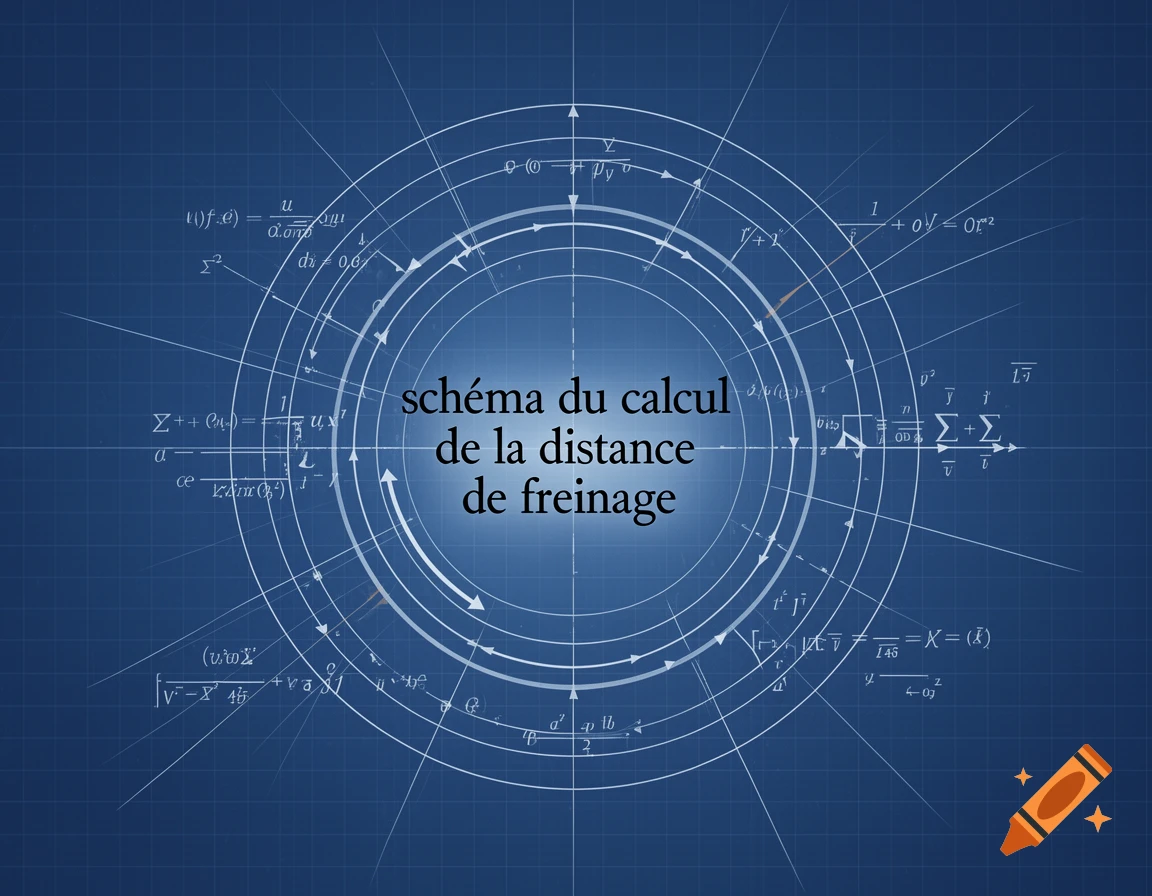 A blueprint-style diagram on a blue grid background, featuring a central circle with radiating lines and arrows, surrounded by various mathematical equations and symbols. The central text reads "schéma du calcul de la distance de freinage" in black.