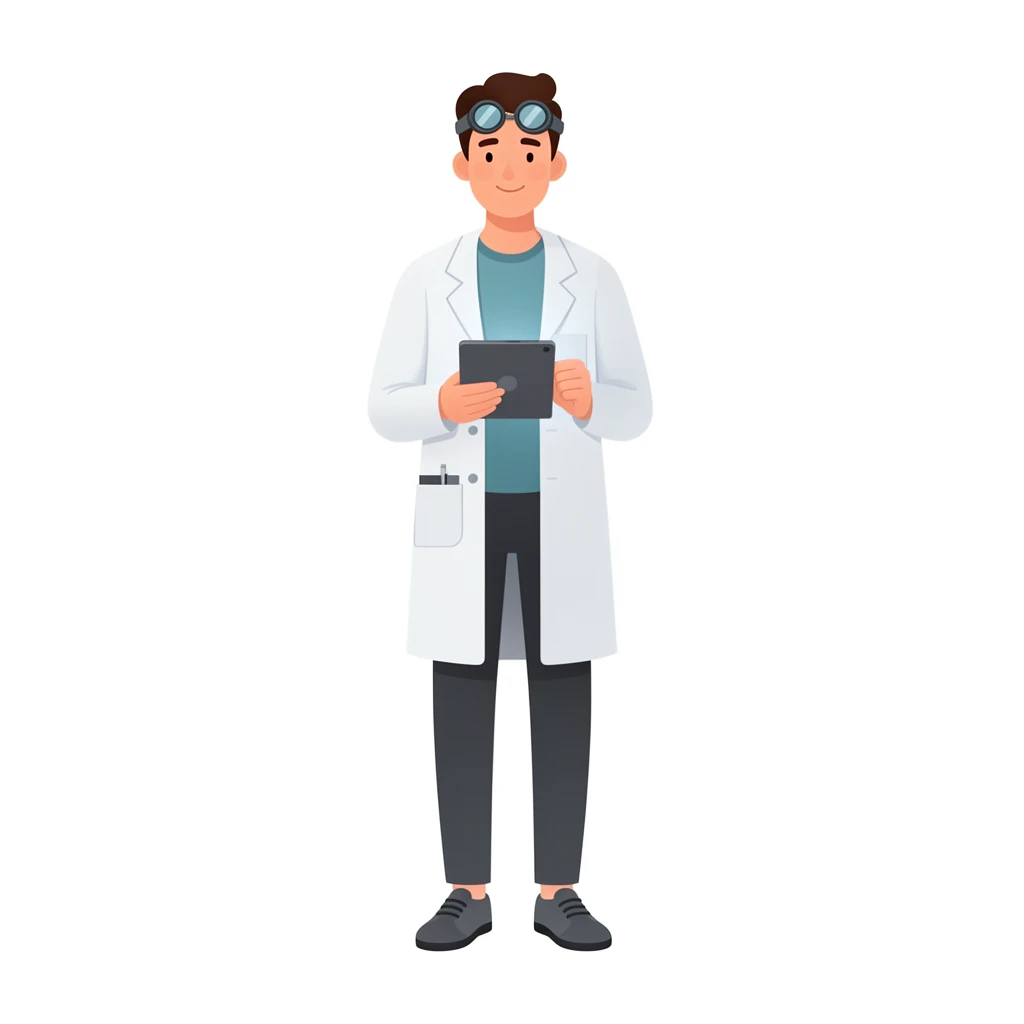 contemporary 2D stock illustration, clean simplified natural forms, flat color areas with gentle soft gradient shading, rounded believable proportions, restrained detail, no outer outlines, no texture or grain, non-photorealistic. A friendly tech scientist standing with a tablet-like device, full body, centered on a pure white background. Lab coat over a fitted outfit, goggles on the forehead, practical shoes, and one pocket detail. Palette-disciplined colors with cool neutrals and one accent color. Clear readable silhouette with comfortable padding, no cast shadow, no floor shadow, no extra scenery, no text.