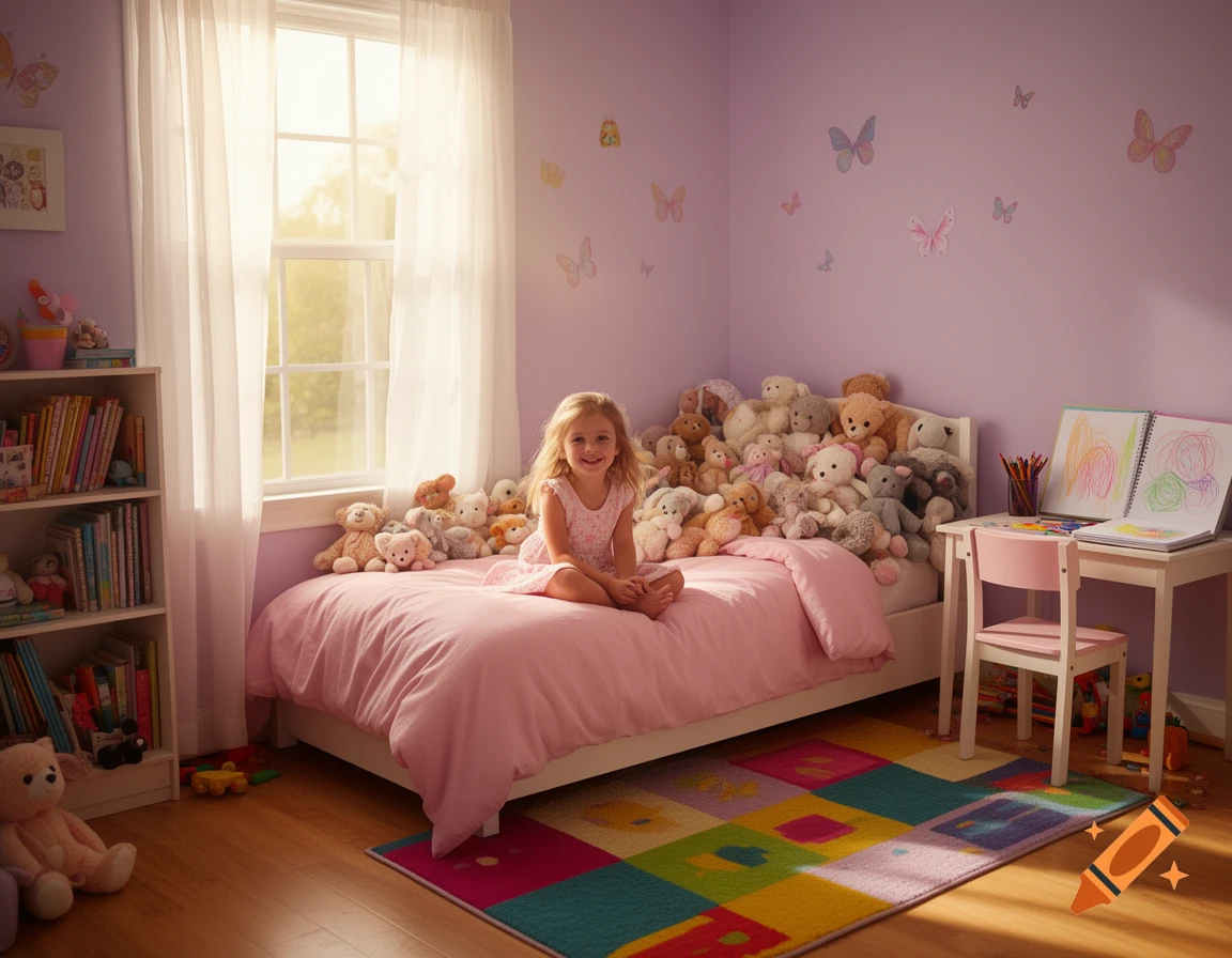 A smiling young girl sits on a bed overflowing with stuffed animals in a light purple bedroom with a colorful rug.