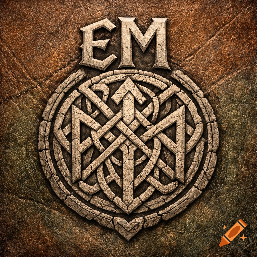 Viking-style logo with cracked stone 'EM' above circular Nordic knotwork runes on a textured leather background.