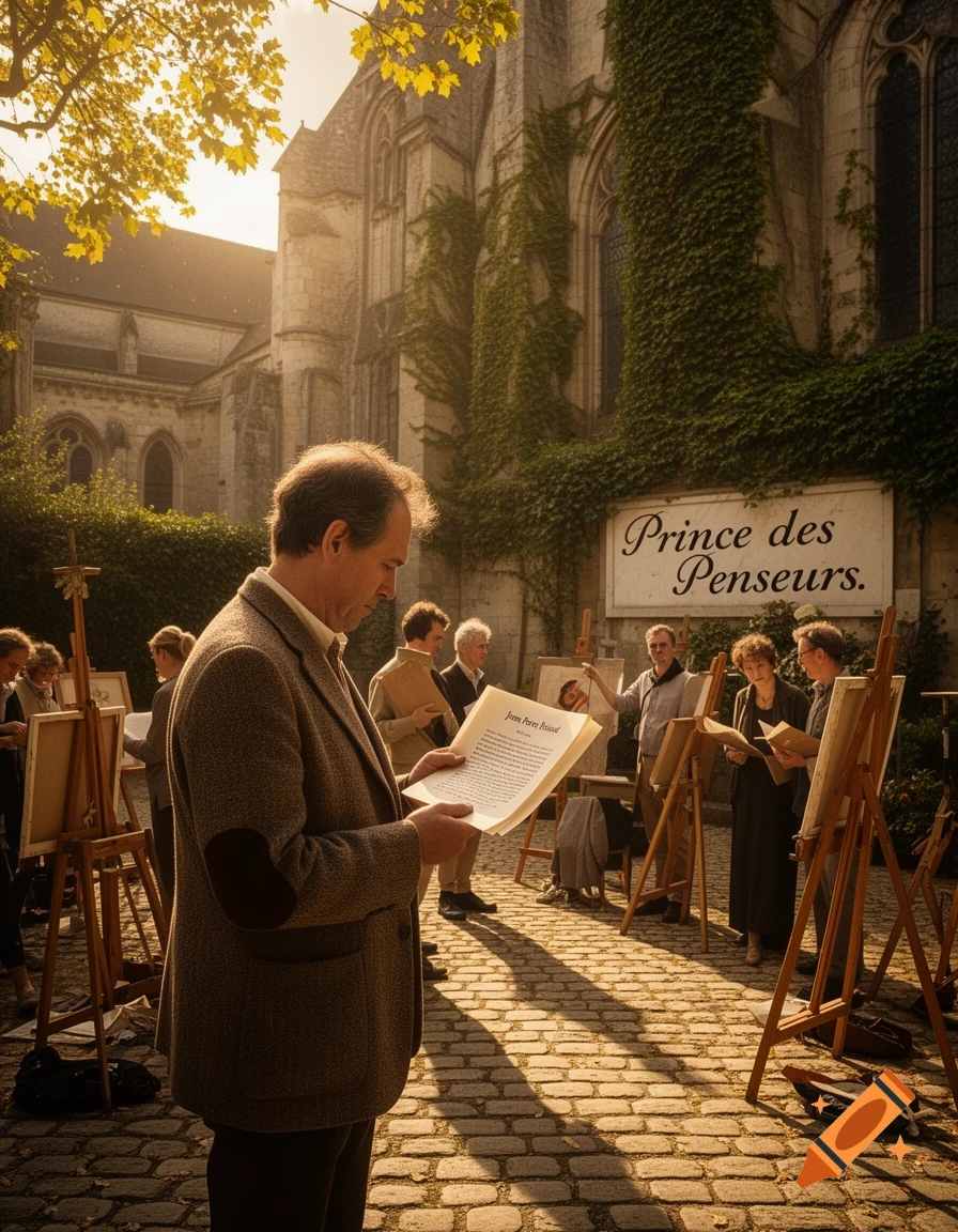Photorealistic scene of a man reading a document among artists with easels outside an ivy-covered stone building, a sign reads 'Prince des Penseurs'.