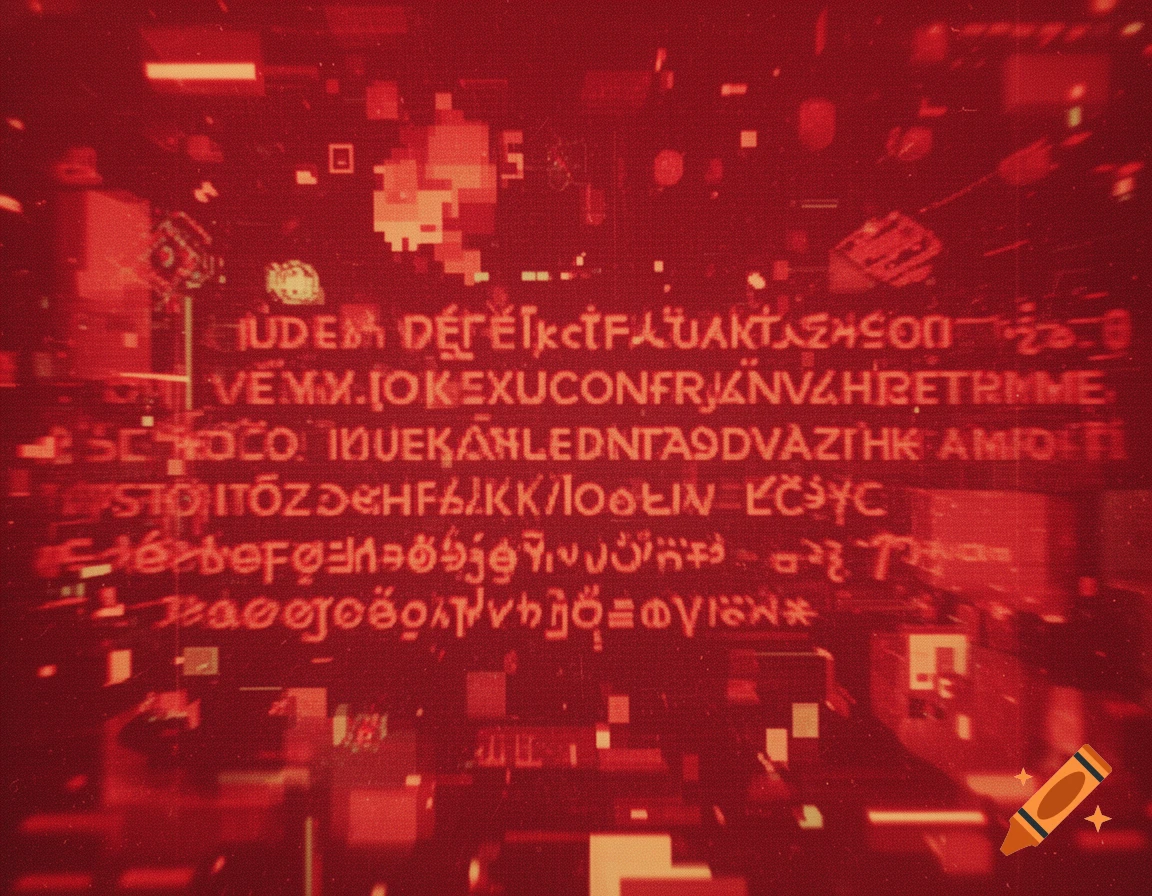 Abstract red image with garbled text and digital glitch artifacts, in a deep-fried, low-quality style.