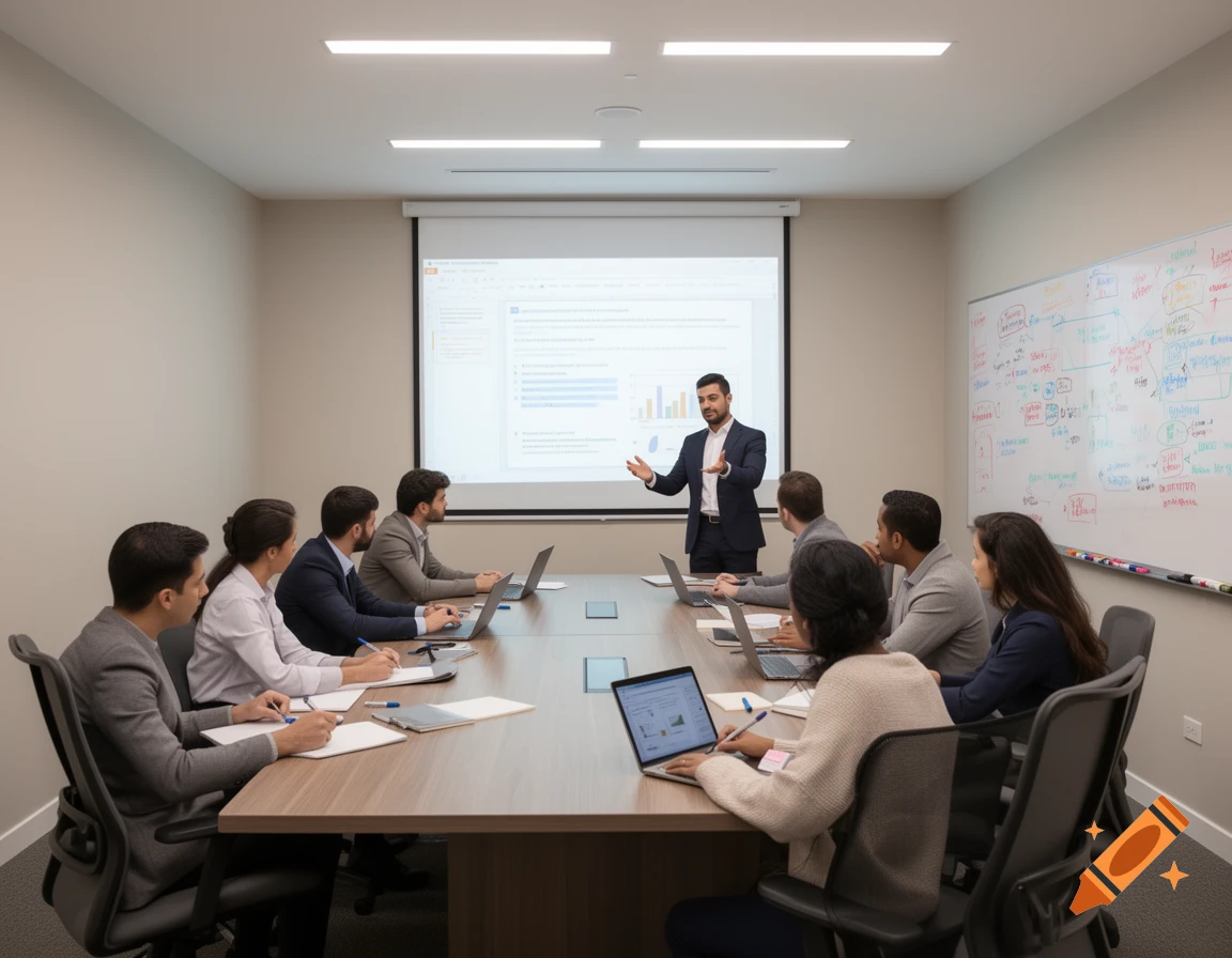 A male trainer presents to a group of professionals in a modern meeting room with a projector screen and whiteboard.