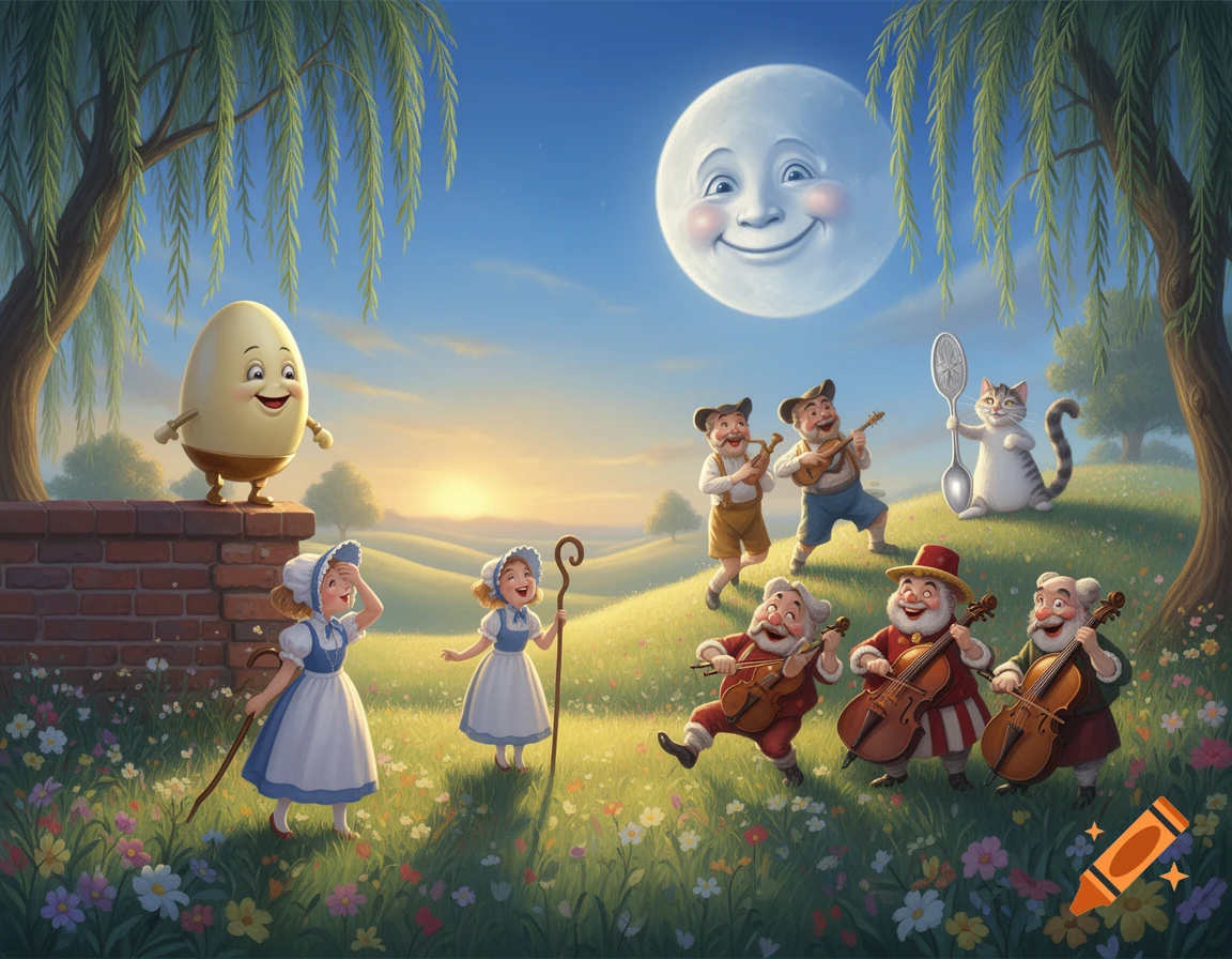 Mother Goose characters like Humpty Dumpty, the smiling moon, a cat, shepherdesses, and musicians in a vibrant field at sunset.