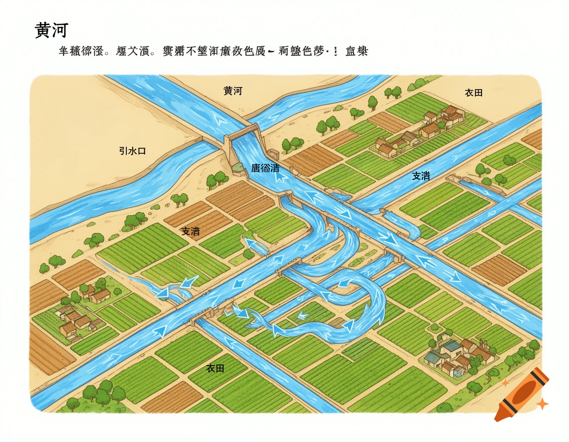 An isometric illustration of an ancient Chinese irrigation system, showing the Yellow River, an intake, a main canal, several branch canals, and surrounding farmlands with small villages.