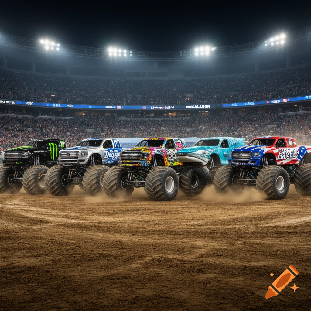 Photorealistic image of six colorful monster trucks lined up on a dirt track inside a packed stadium at night, illuminated by bright lights.