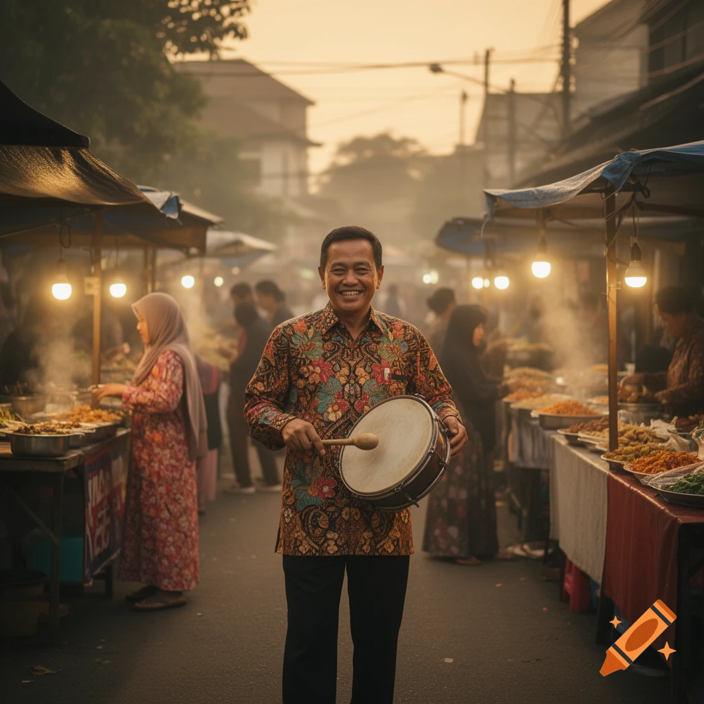Smiling man in a patterned shirt holding a drum and stick at a bustling street market during dusk.