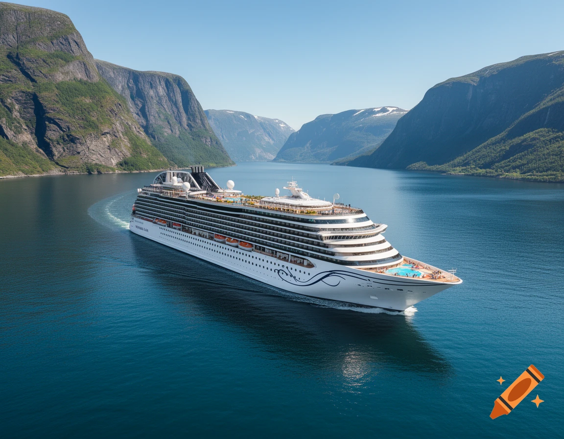A large white cruise ship with blue accents sails through a serene fjord, flanked by tall green mountains under a clear blue sky.