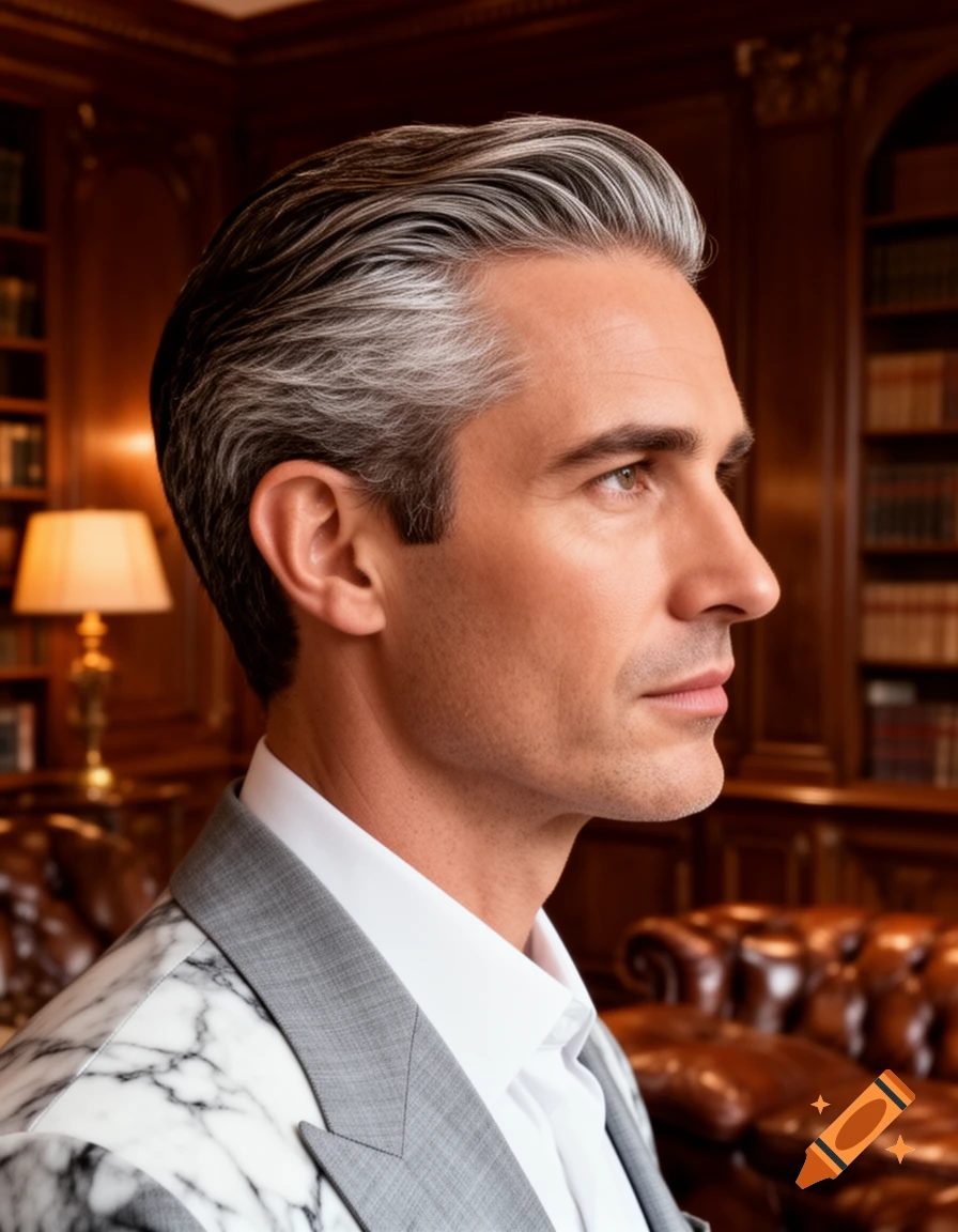 Side profile of a sophisticated man with gray hair in a white shirt and marble-patterned suit jacket, standing in a luxurious library.