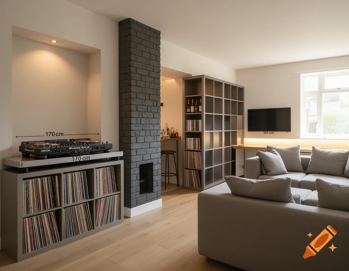 Modern living room with a DJ setup on a record shelf, a dark brick column, grey shelving, a bar area, and a grey sectional sofa.