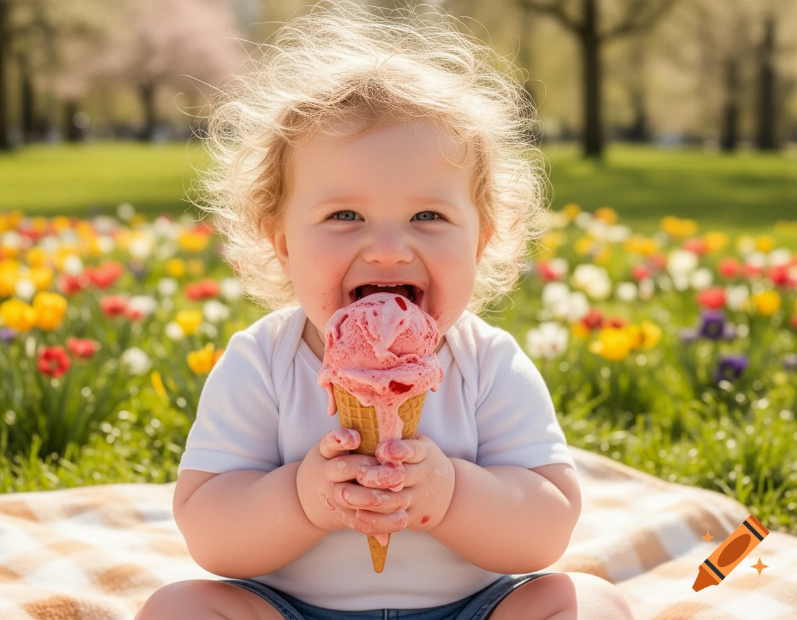 A happy baby with messy hands and mouth enjoys a pink ice cream cone in a field of colorful flowers on a sunny day.