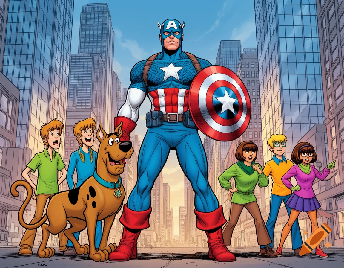 Captain America stands with Scooby-Doo, Shaggy, Fred, Daphne, and Velma in a comic book style city scene.