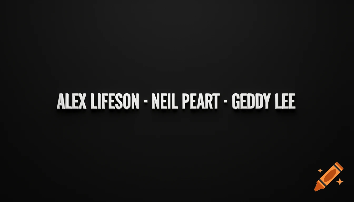 White 3D san serif capital letters spelling "ALEX LIFESON - NEIL PEART - GEDDY LEE" on a black background.