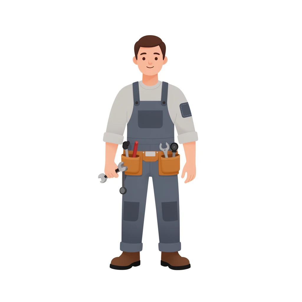 contemporary 2D stock illustration, clean simplified natural forms, flat color areas with gentle soft gradient shading, rounded believable proportions, restrained detail, no outer outlines, no texture or grain, non-photorealistic. A space mechanic standing with a tool in one hand, full body, centered on a pure white background. Utility overalls, rolled sleeves, tool belt, work boots, and elbow patch detail. Palette-disciplined colors with one dominant overall color and neutral supporting tones. Friendly visible face: two clearly drawn eyes, a simple small nose, and a soft mouth — face features must always be drawn, never omitted, never blank. Clear readable silhouette with comfortable padding, no cast shadow, no floor shadow, no extra scenery, no text.
