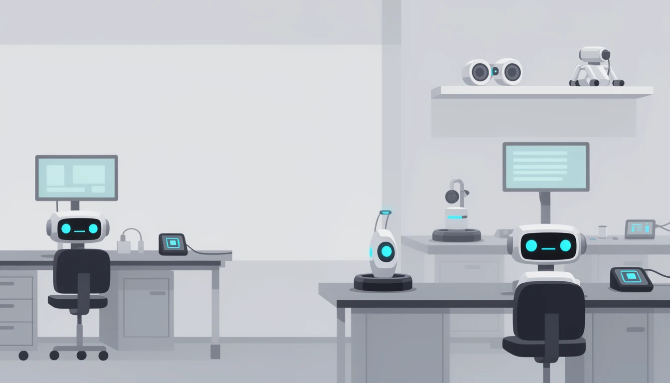 contemporary 2D stock illustration, clean simplified natural forms, flat color areas with gentle soft gradient shading, rounded believable proportions, restrained detail, no outer outlines, no texture or grain, non-photorealistic. A clean robotics lab interior with workbenches, charging docks, simple screens without readable text, and a few robot parts on shelves. Palette-disciplined colors with cool neutrals and one bright tech accent. Keep the center-left area visually uncluttered with simple forms and open space behind layered foreground subjects. No characters, no readable text.